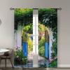 2pcs Retro Garden Curtains - Ivy and Flower Landscape Design, 100% Polyester, Semi-Transparent, Machine Washable, for Patio, Gaz