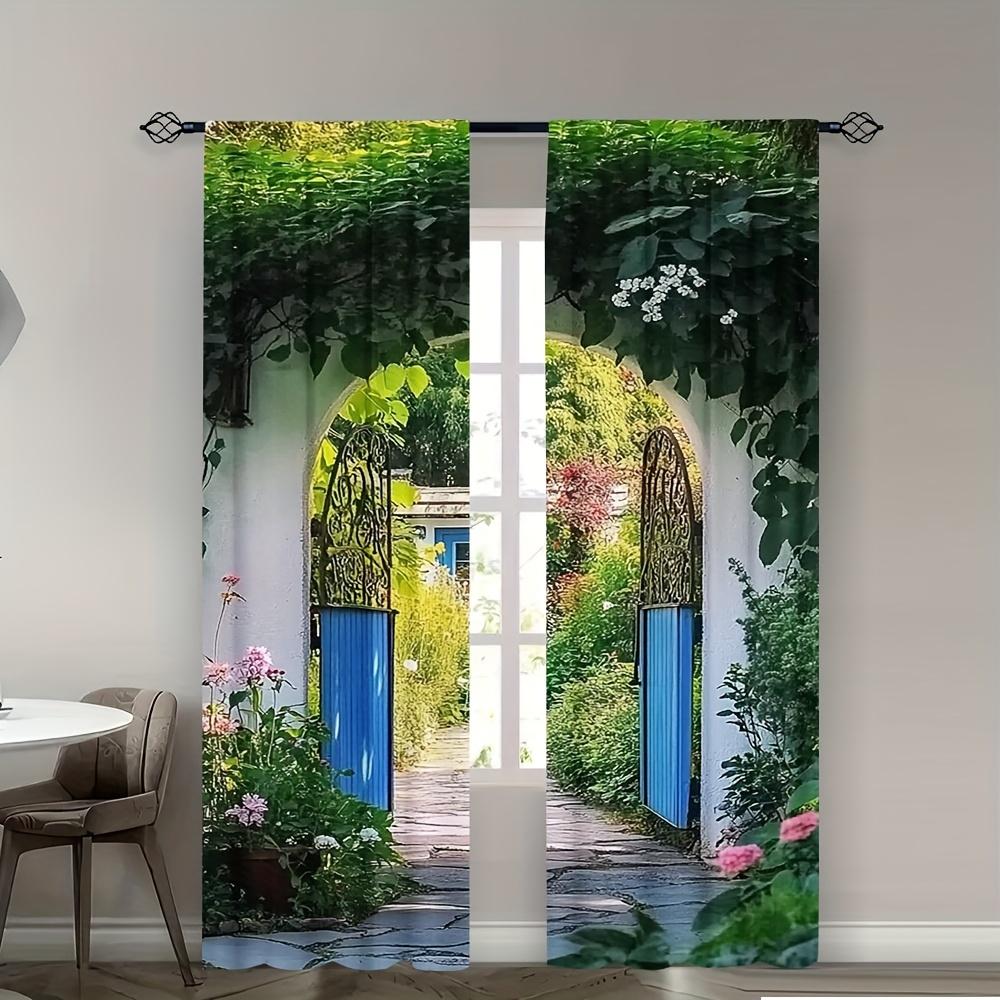 2pcs Retro Garden Curtains - Ivy and Flower Landscape Design, 100% Polyester, Semi-Transparent, Machine Washable, for Patio, Gaz