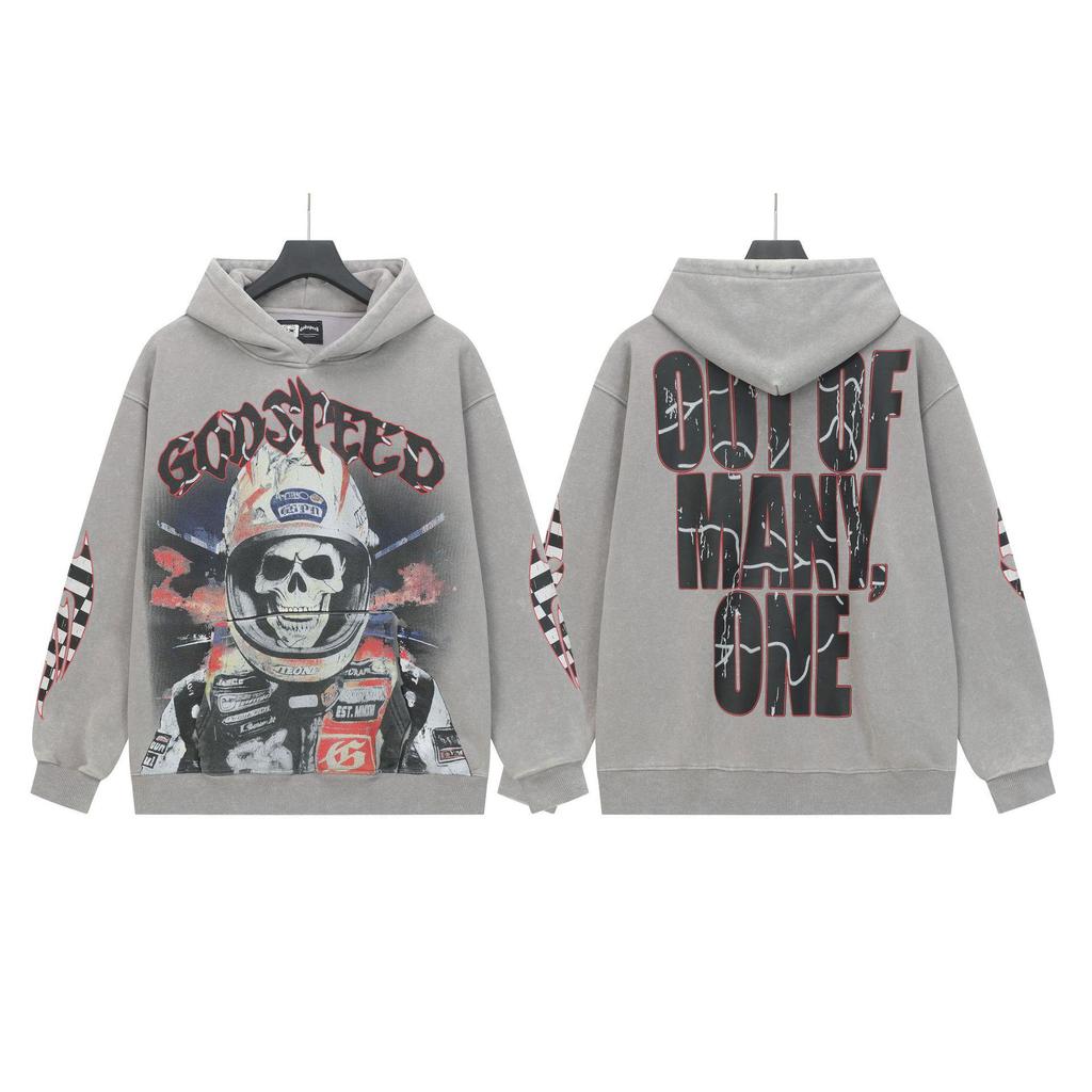 God Bless America Retro Rock Street Print Washed Hoodie - Casual Loose Fit