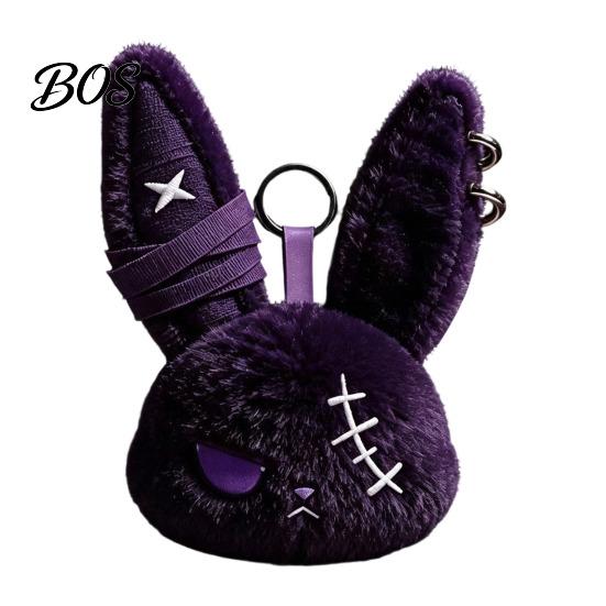 Stress Relief Plush Doll with Metal Hanging Loop, Dark Style Rabbit Pendant Bandage Stitched Keychain Toy, Funny Expression Doll, Collectible Toy Loop