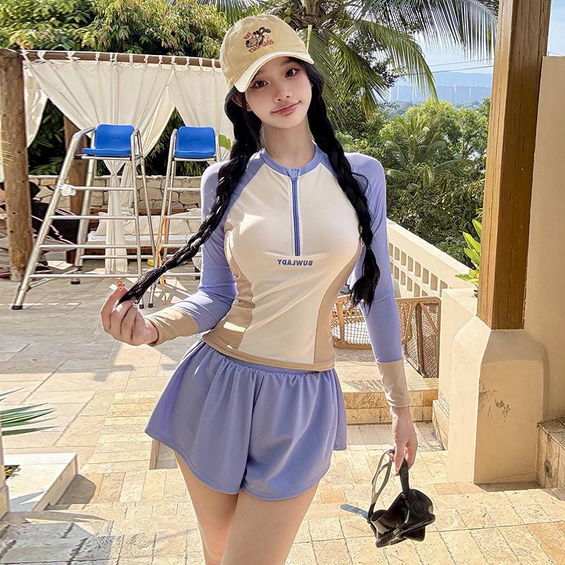 Women's Long Sleeve Two-Piece Surfing Swimsuit: Conservative, Slimming, Quick-Dry, Sun Protection for Snorkeling, Rafting, Diving.