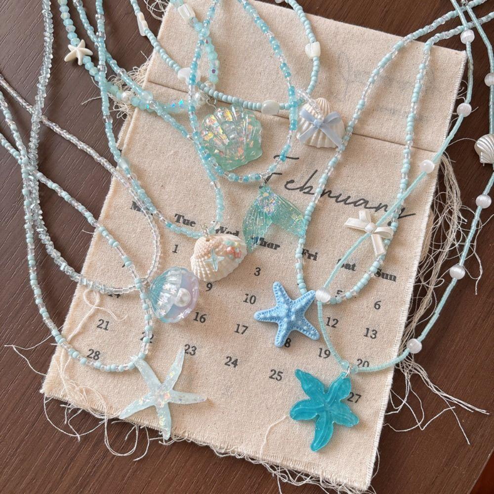 Blue Beaded Beaded Necklace Starfish Shell Starfish Choker Premium Shell Necklace Daily Wear