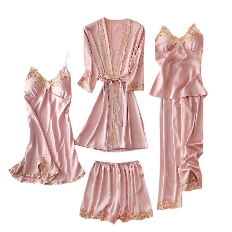 Ice Silk V-Neck Camisole & Pajama Set for Women - 5-Piece Spring & Autumn Collection