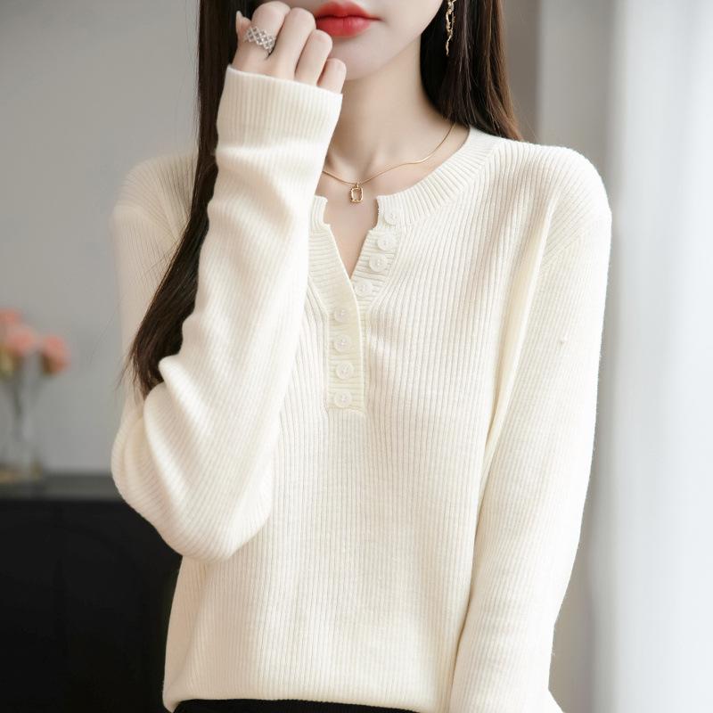 Women's V-Neck Fine Wool Knitwear: Long Sleeve Pullover Sweater for Spring & Autumn