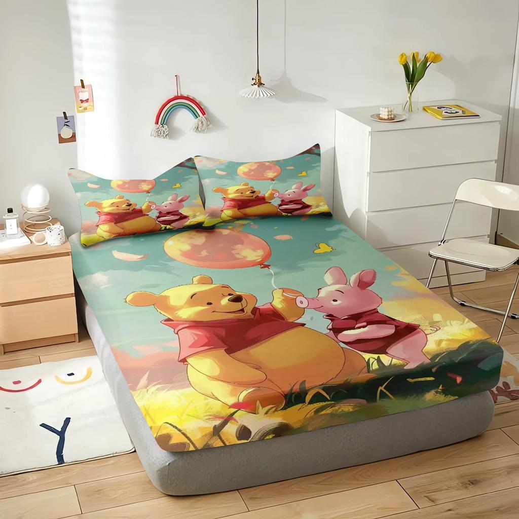 -Winnie The Pooh Fitted Sheets Cartoon Bedding Set Quilt 3D Children Cover Set King Size Covers Printed  Polyester