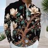 Mens Plus Size Long Sleeve Quarter Zip Collared Polo Shirt Black Floral Gem Printed