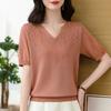 T-shirt Women Versatile Summer Casual Large Size Loose V Neck Knitted Pullover Short-sleeved Tops