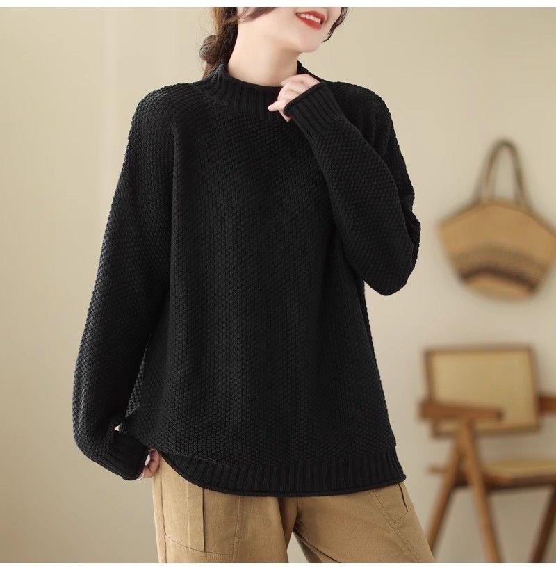 Women's Loose Stand Collar Sweater Autumn Winter Vintage Soft Skin-Friendly Solid Color Sweater