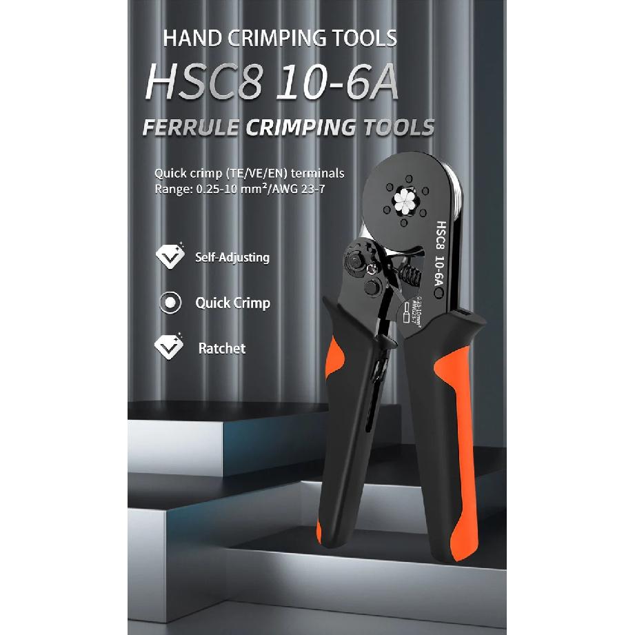 Hexagonal Self-Adjustable Ratchet Ferrule Crimping Tool Kit 23-7AWG 0.25-10mm² Crimper Kit with Ferrule Sleeves Wire Terminals