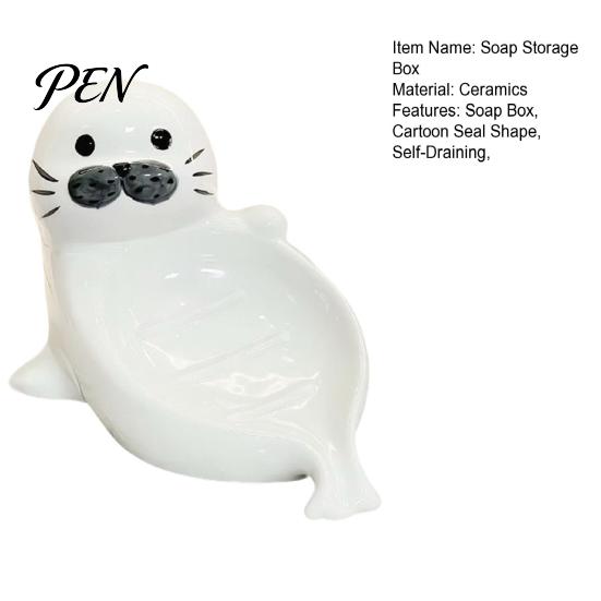 Cute Seal Soap Holder Ceramic Dish, with Self-Draining Design, Sponge Durable Organizer Tray, for Bathroom Countertop And Kitchen Sink Dish