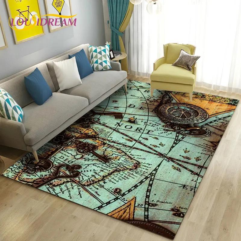 Alfombra retro con diseño de mapa del mundo vintage y brújula, para sala de estar, dormitorio, sofá, decoración, alfombra antideslizante para el suelo