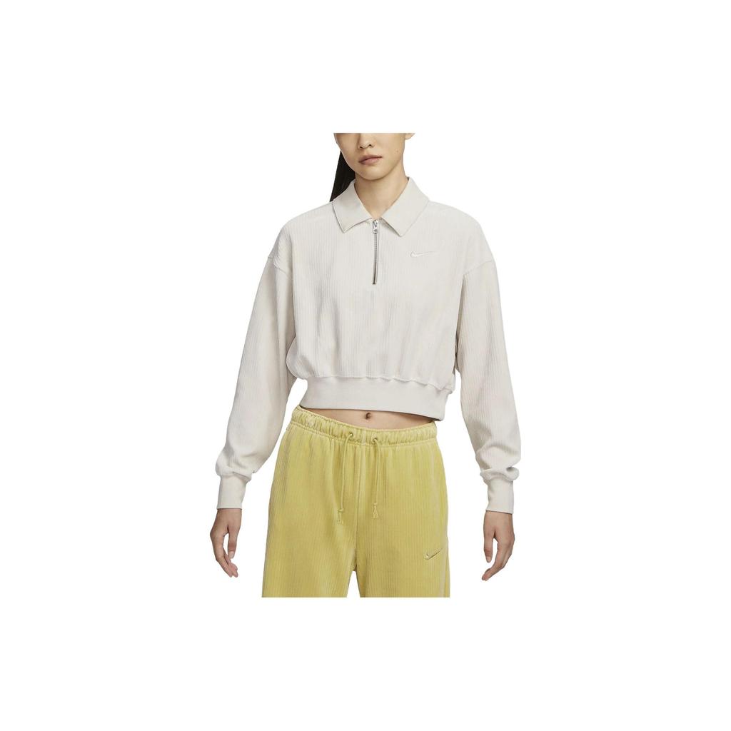 Nike Sportswear Corduroy Half-Zip Logo Print Collar Long Sleeve Sweatshirt Women Tops Off-White DQ5939-104