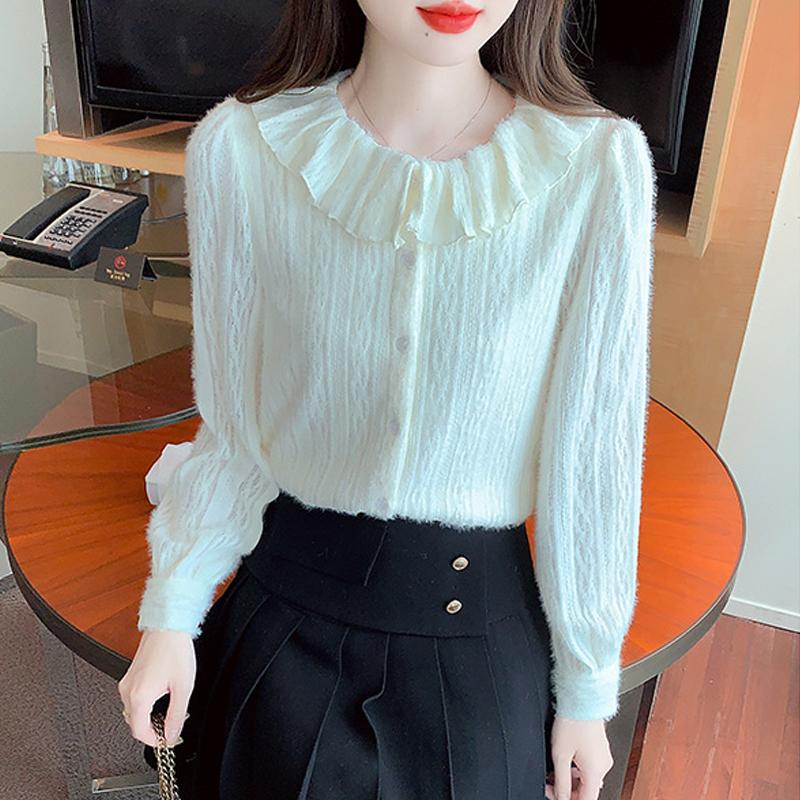 Winter Fashion New 2024 Long Sleeve Doll Collar Apricot Velvet Lace Blouse Shirt Women Tops Blouses Shirts J781