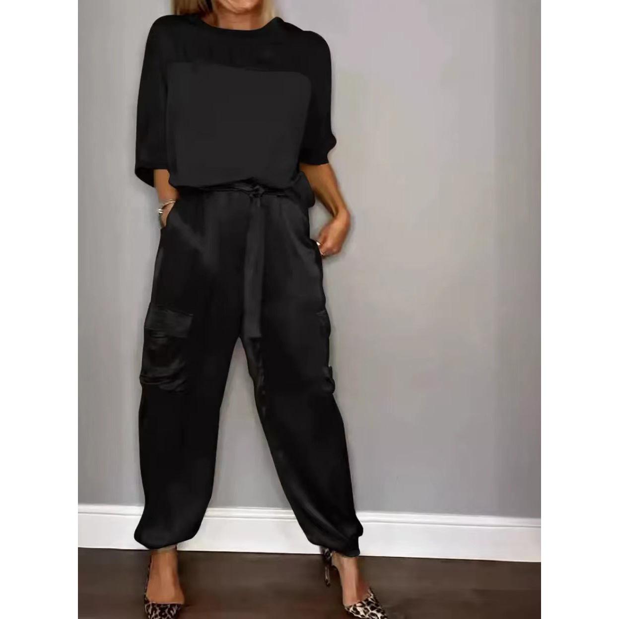 

Spring Women s Fashionable Smooth Satin Half Sleeve Top With Strap Pants Pocket Set Half Sleeve Pants Two Piece Set XS