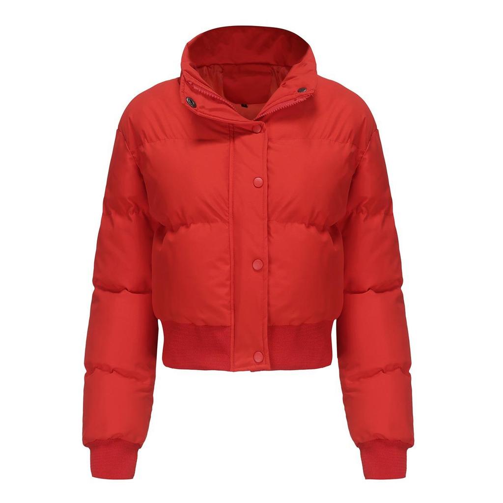 Winter Women's Short Cotton Jacket Long Sleeve High Neck Warm Loose Casual Puffer Coat 612