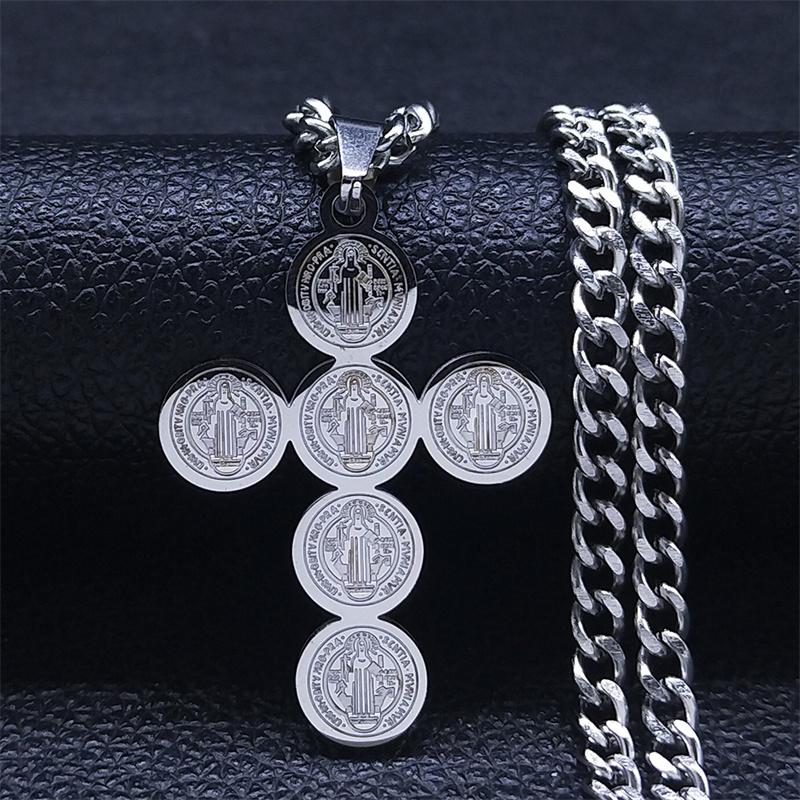 Fashion Stainless Steel Cross Necklace for Women Men Saint Benedict Gold Color Necklaces Jewelry Gifts Collar Cruz N3450S05