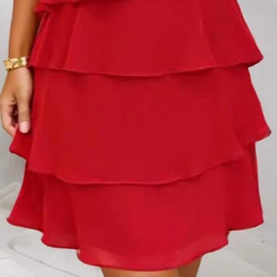Women Chiffon Dress with Ruched Edge Round Neck Short Sleeves Multi-Layer Design Summer Midi