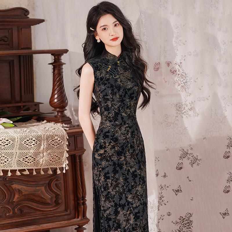 Schwarz ärmellos nationaler Stil neu chinesisch Suzhou lang Cheongsam verbessert jung 1011 neu Damen High-End Sommer
