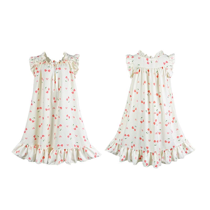 French Sweet Girl Cherry Print Sleeveless Long Cotton Nightgown