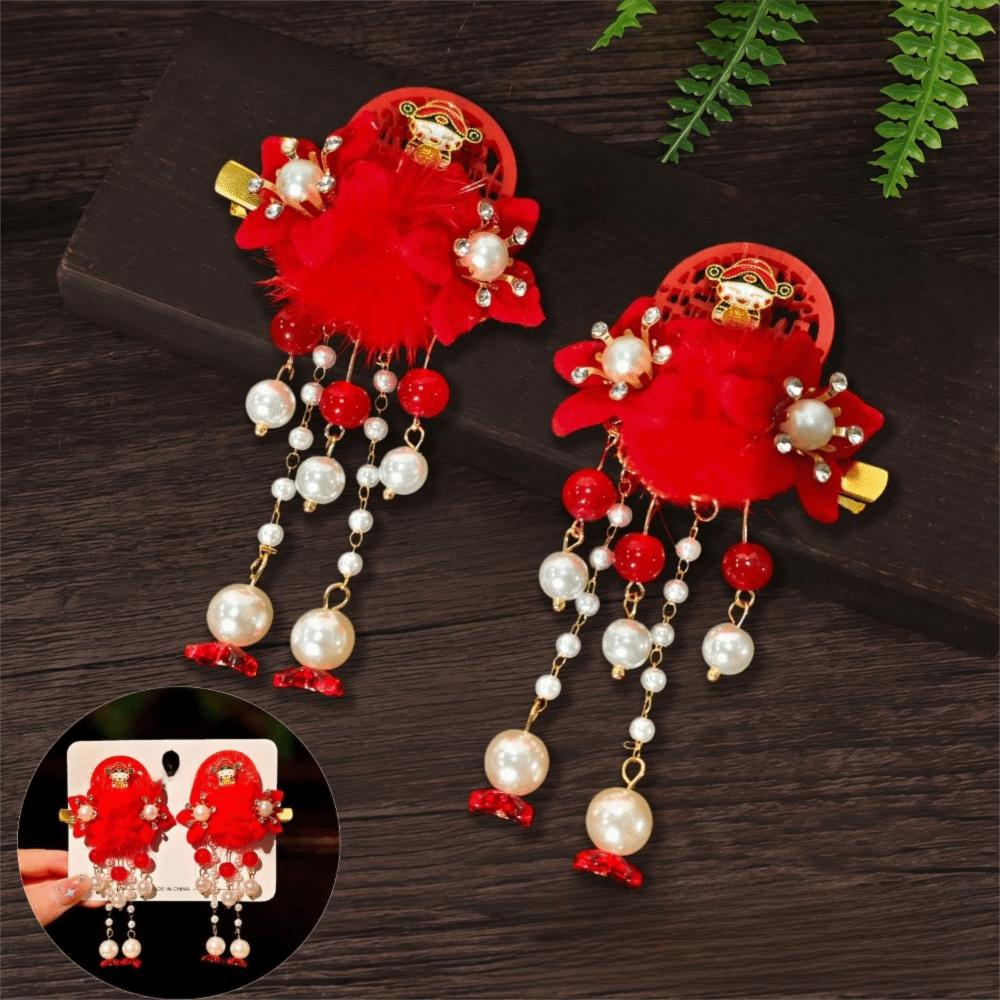 1 Pair Flower Hanfu Red Hair Clips Pearl Bow Tassel Hairpin New Year Headwear  Children