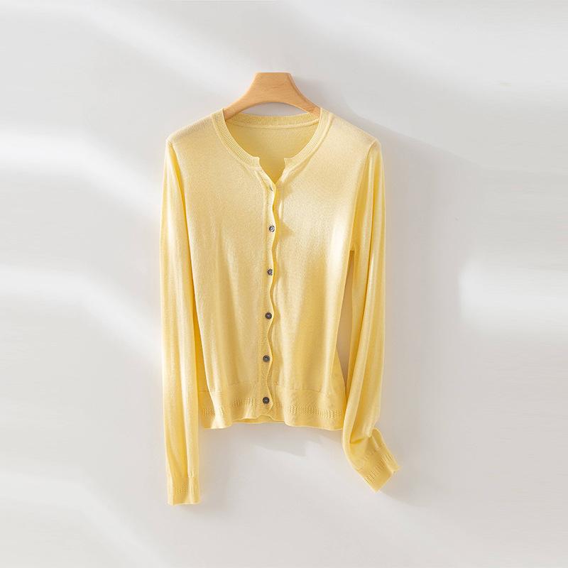 

Design wavy placket small neck knitted cardigan women s thin Tencel wool long-sleeved commuter casual top L жёлтый