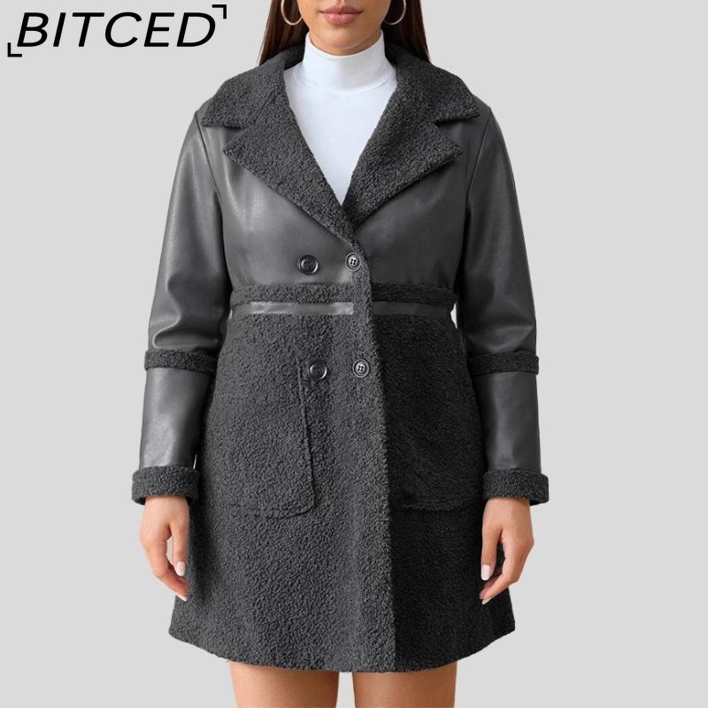 BITCED Mid-Length Women's Leather Jacket with Patchwork Details, Reversible Vintage Style, Fleece-Lined Thickened Leather and Fur Combination Coat