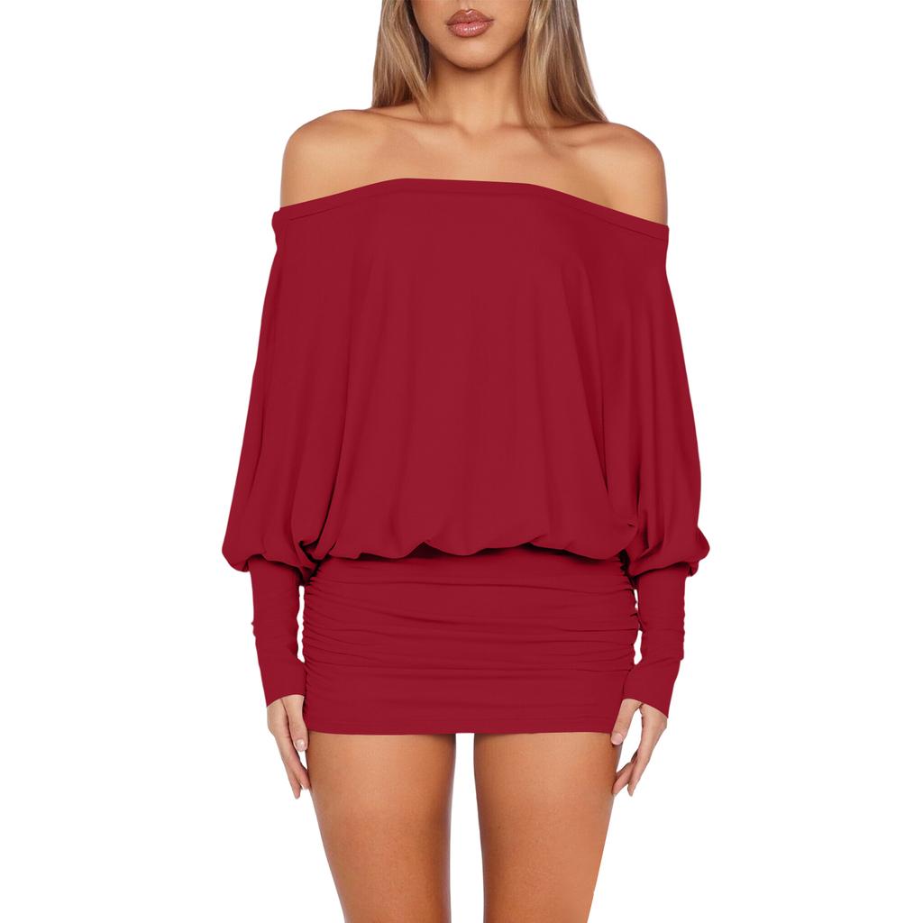 Mini Abito da Donna Scollo a Barca Manica Lunga Casual Vestibilità Larga Pullover Elasticizzato Bodycon