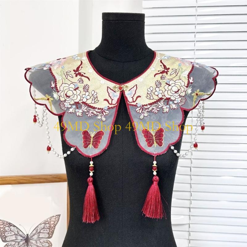 49MD Embroidered Butterfly Floral False Collar Traditional Chinese Styles Beaded Tassels Pendant Shawl Capes Scarf for Women
