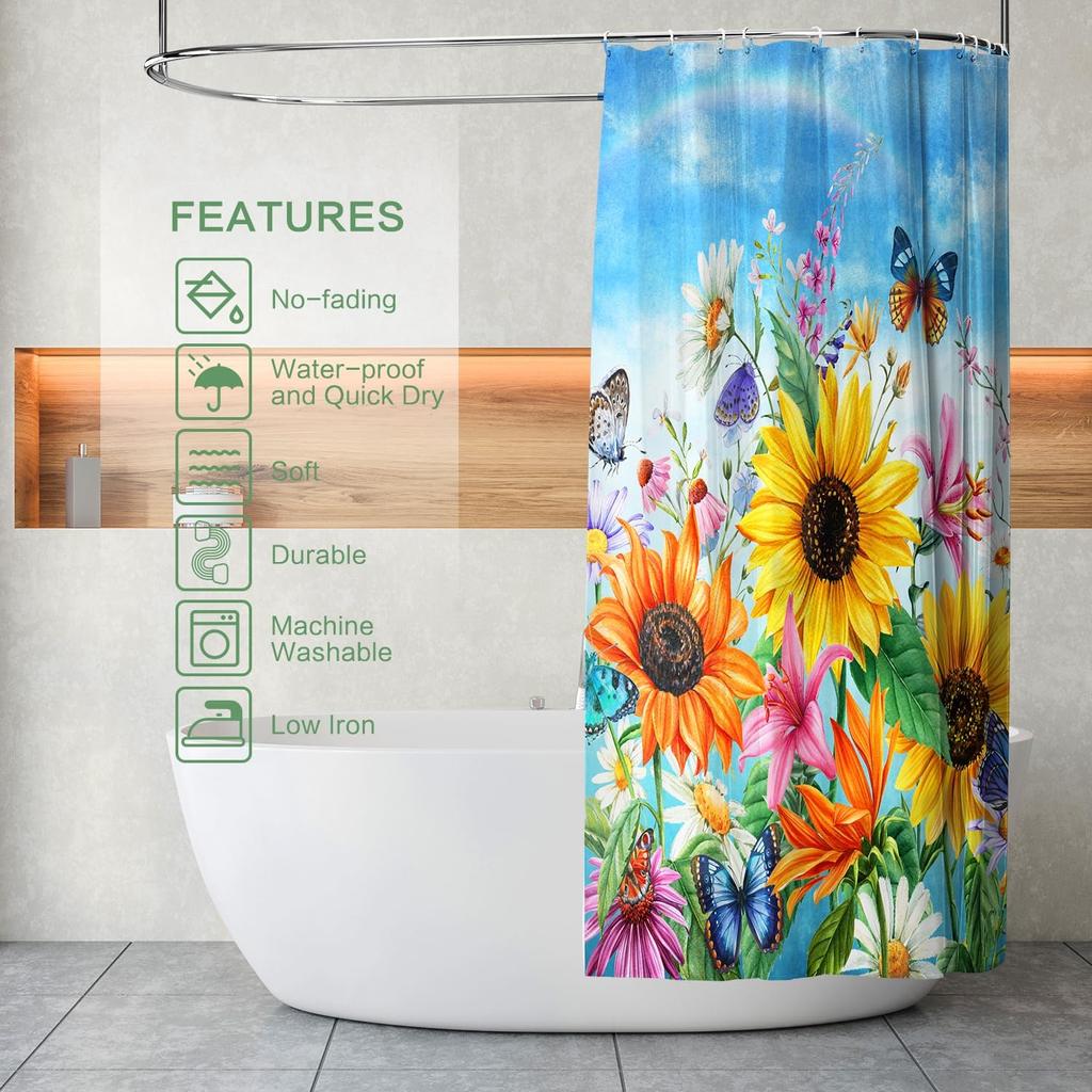 Shower Curtain Sunflowers, Blue Sky Shower Curtain Flower Butterfly Modern Summer Shower Curtain Set Polyester Waterproof Fabric