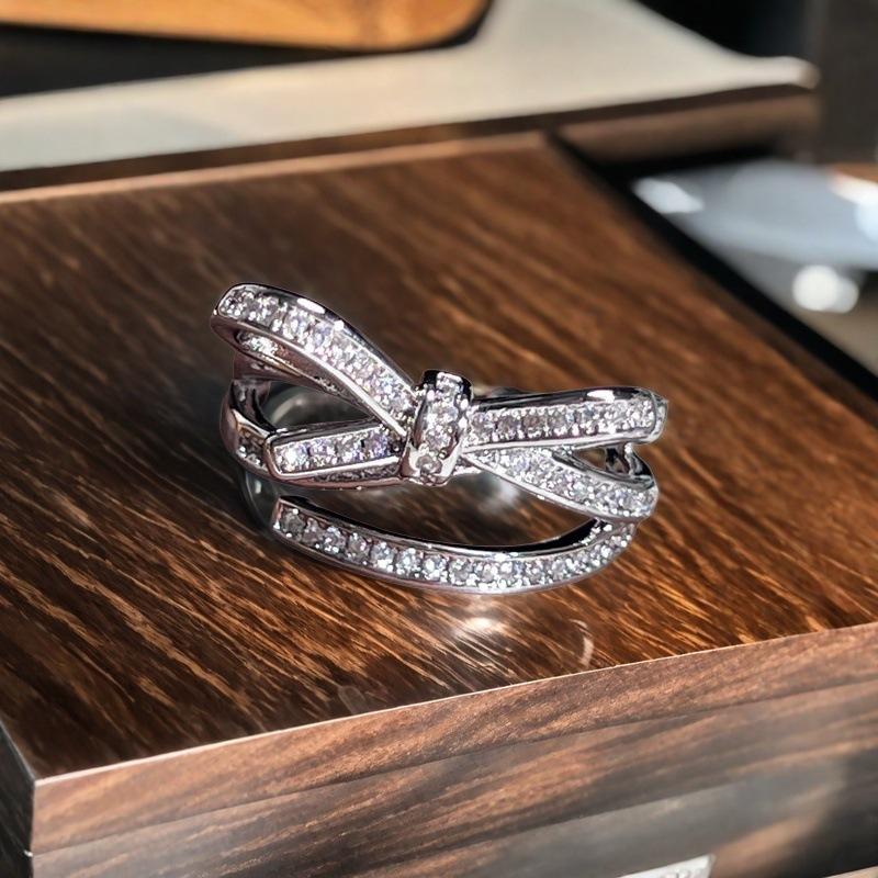 

Delicate Small Fragrant Style Bow Full Of Diamonds Zir*****Pen Ring Women S Light Luxury High-End Niche Design Super Fairy Ring Adjustable opening