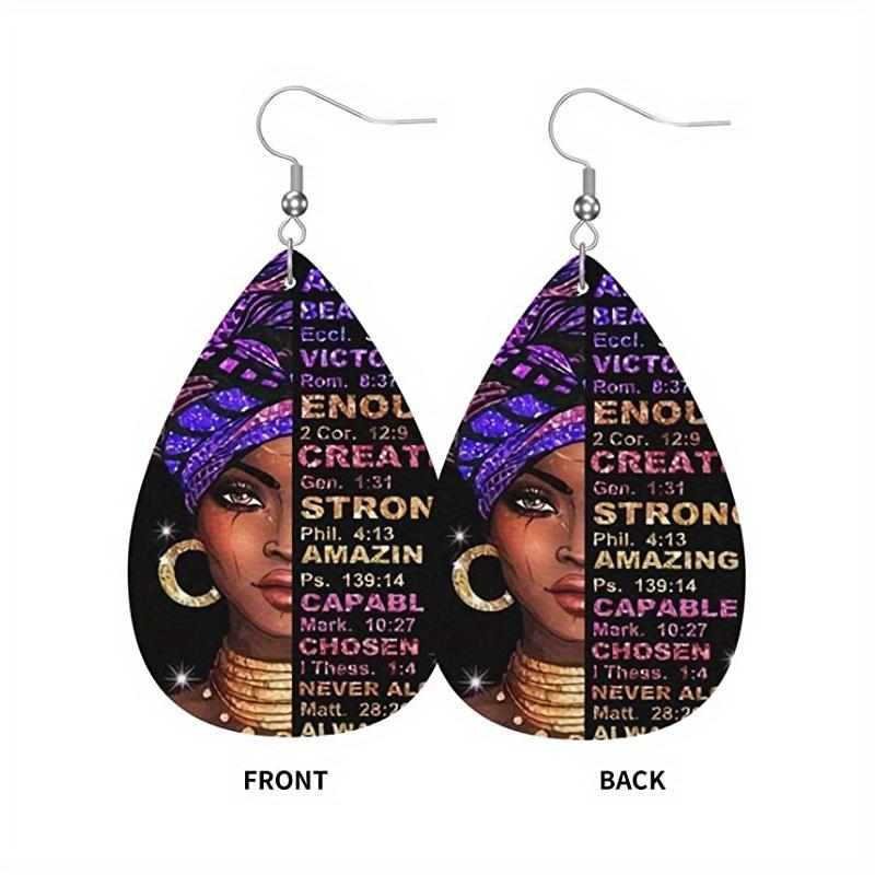 Boohemia Gypsy Girl with Earrings Print Waterdrop PU Earrings for Women Girls Letter Dangle Earrings Party Decorations New Year Christmas Gifts