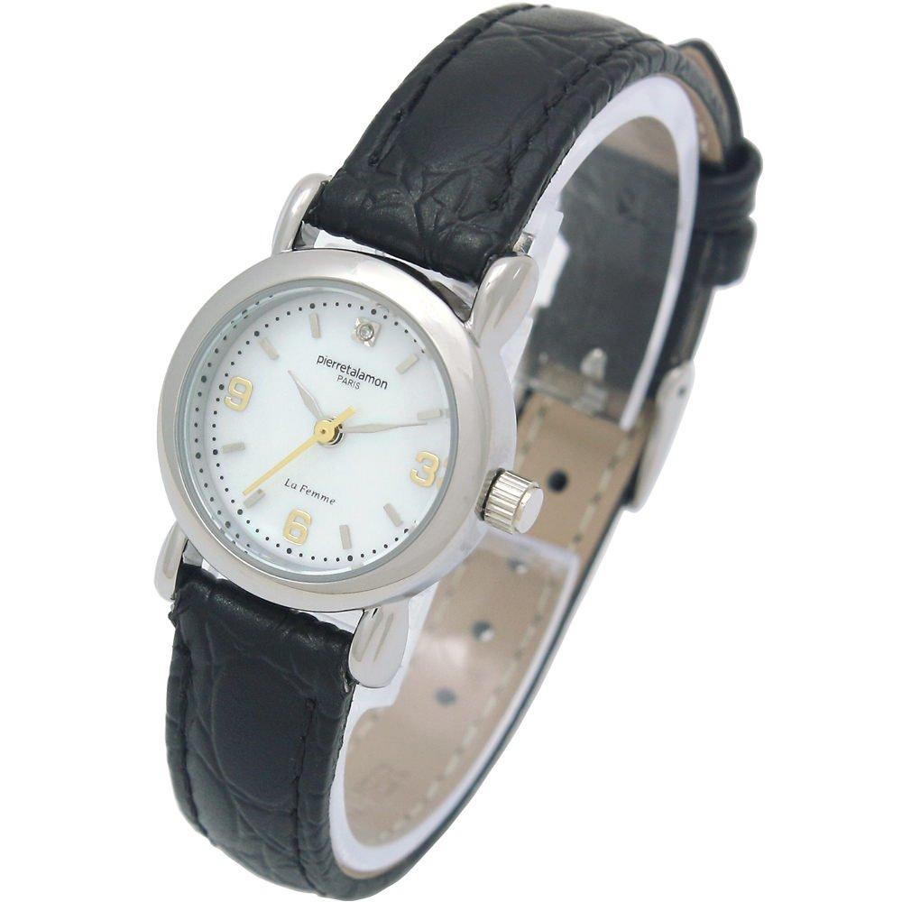 [Pierretalamon] Pierretalamon Watch 1 Point Natural Diamond Natural Shell Dial Leather Band Watch Silver X Black PT-7300L-1 Women's