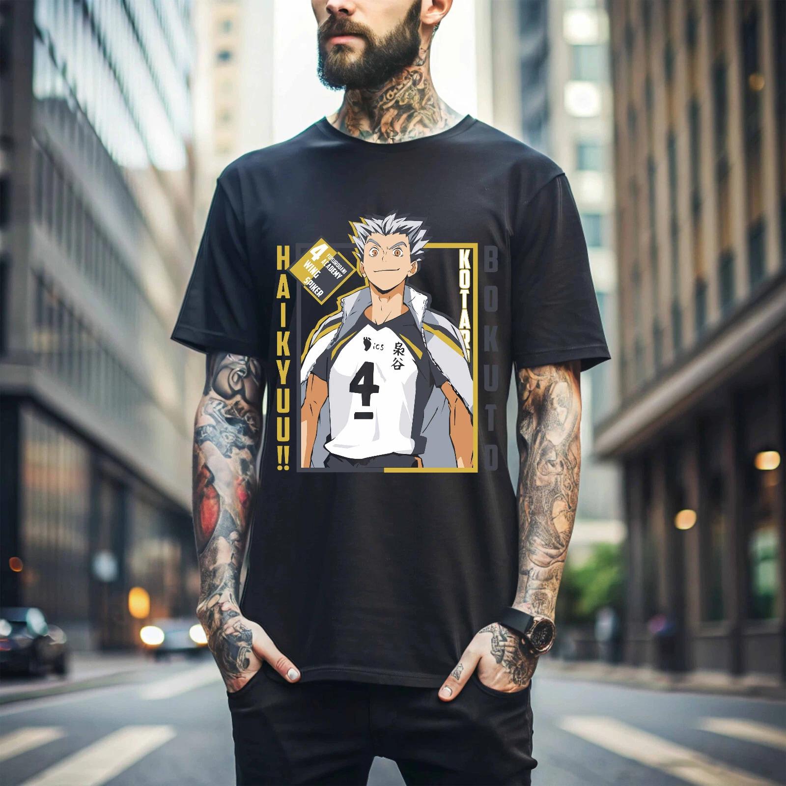 

100% cotton TOPS UNISEX TEES MENS WOMENS Kotaro Bokuto T-shirt Haikyuu anime volleyball player black t-shirt 021 4XL
