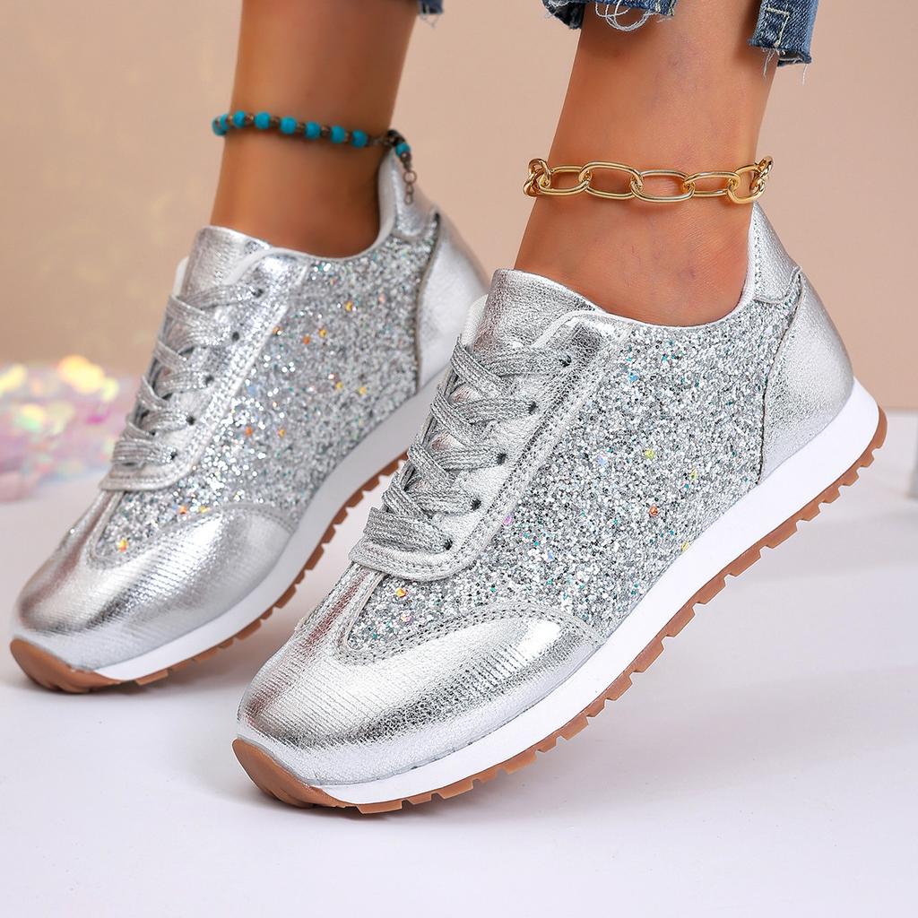 Fashion Fashion Ladies Autumn Women Flat Glitter Sneakers Casual Bling Vulcanized Shoes Female Lace Up Platform Comfort Plus Size