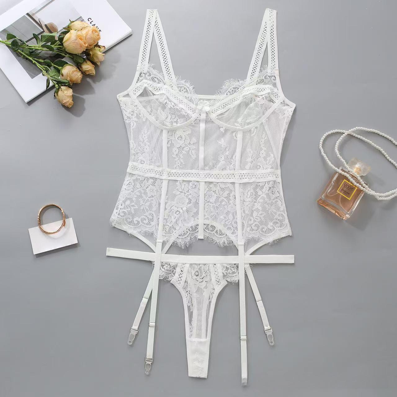 

Европейский и американский сетчатый кружевной прозрачный комплект нижнего белья: бюстгальтер и майка Small белый