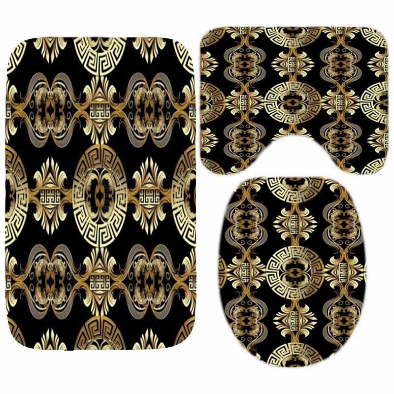 Luxury Black Gold Greek Key Meander Border Bath Rug Set Modern Geometric Ornate Bathroom Door Mat for Toilet Floor Carpet Decor