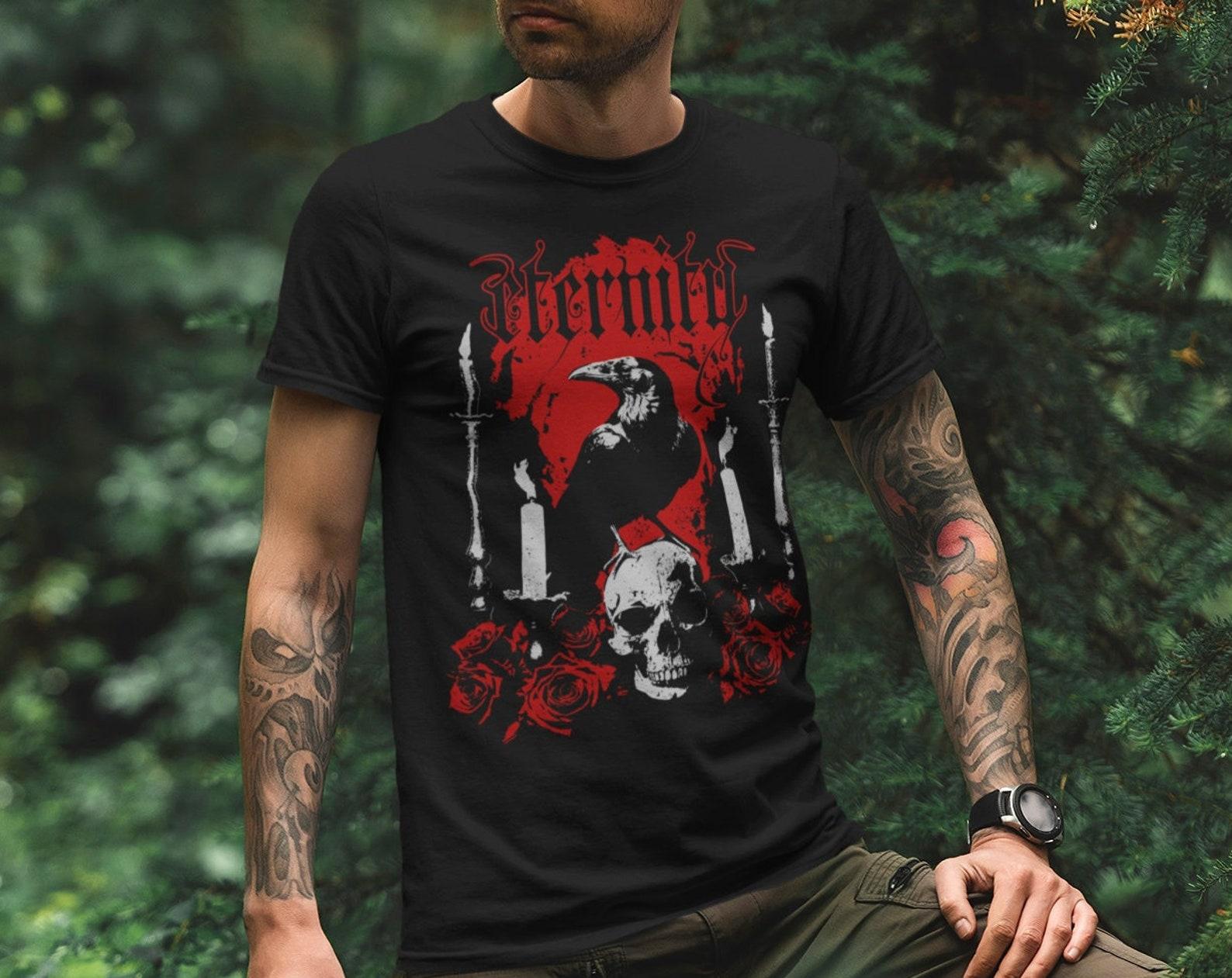 Skull, Crow, and Rose T-Shirt - Crow and Skull T-Shirt - Skull T-Shirt - Gothic Clothing - Pagan and Occult Viking Clothing S
