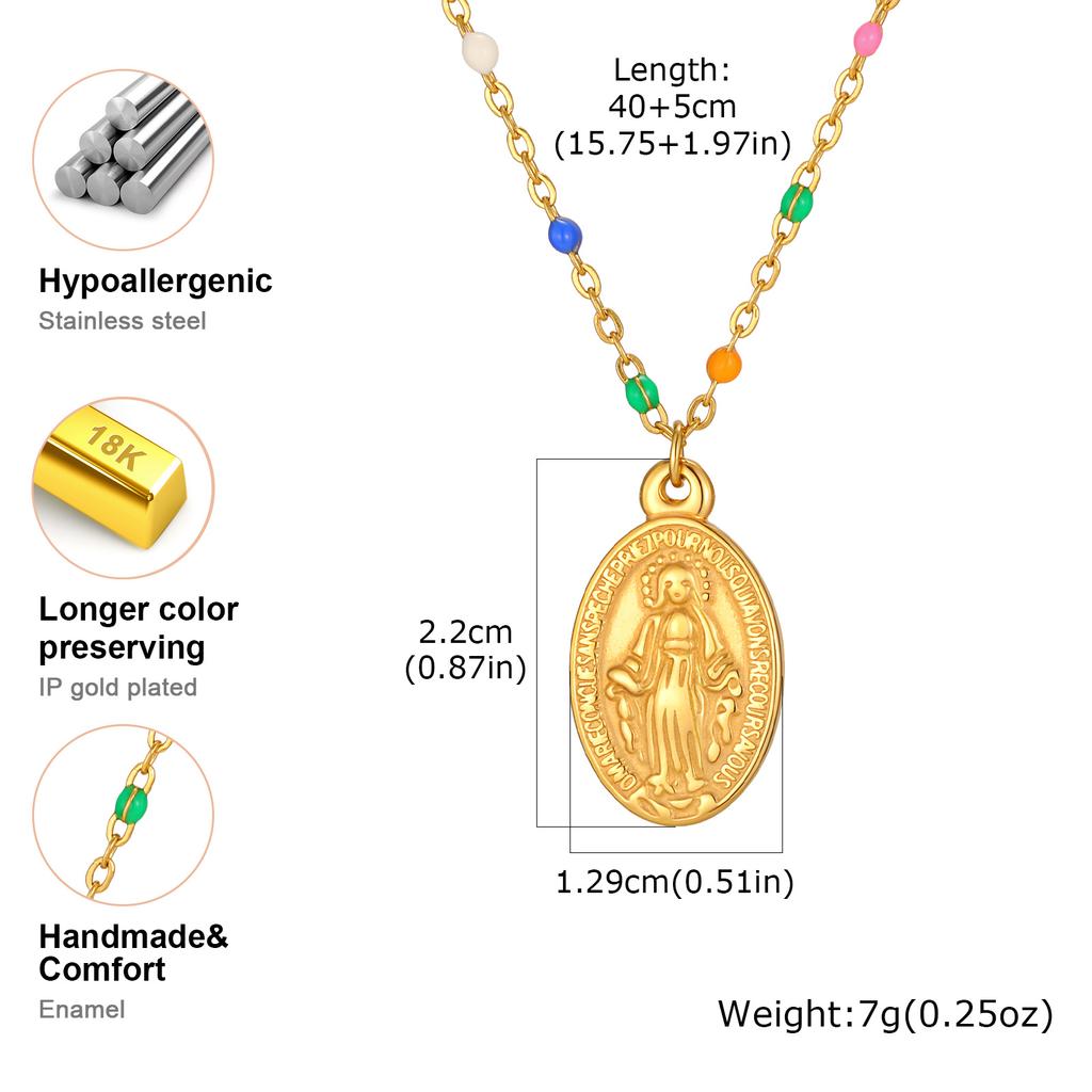 Collana Ovale Bohemien Colorata Vergine,Collane Rosario in Acciaio Inossidabile Placcato Oro,Collana a Catena con Croce Cattolica e Perline di Preghiera