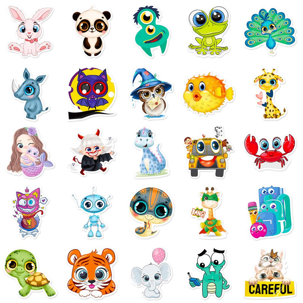 50 Pieces Cute Cartoon Big Eyes Animal Stickers Cute Avatar Stickers Cartoon Children Reward Stickers Stationery Stickers