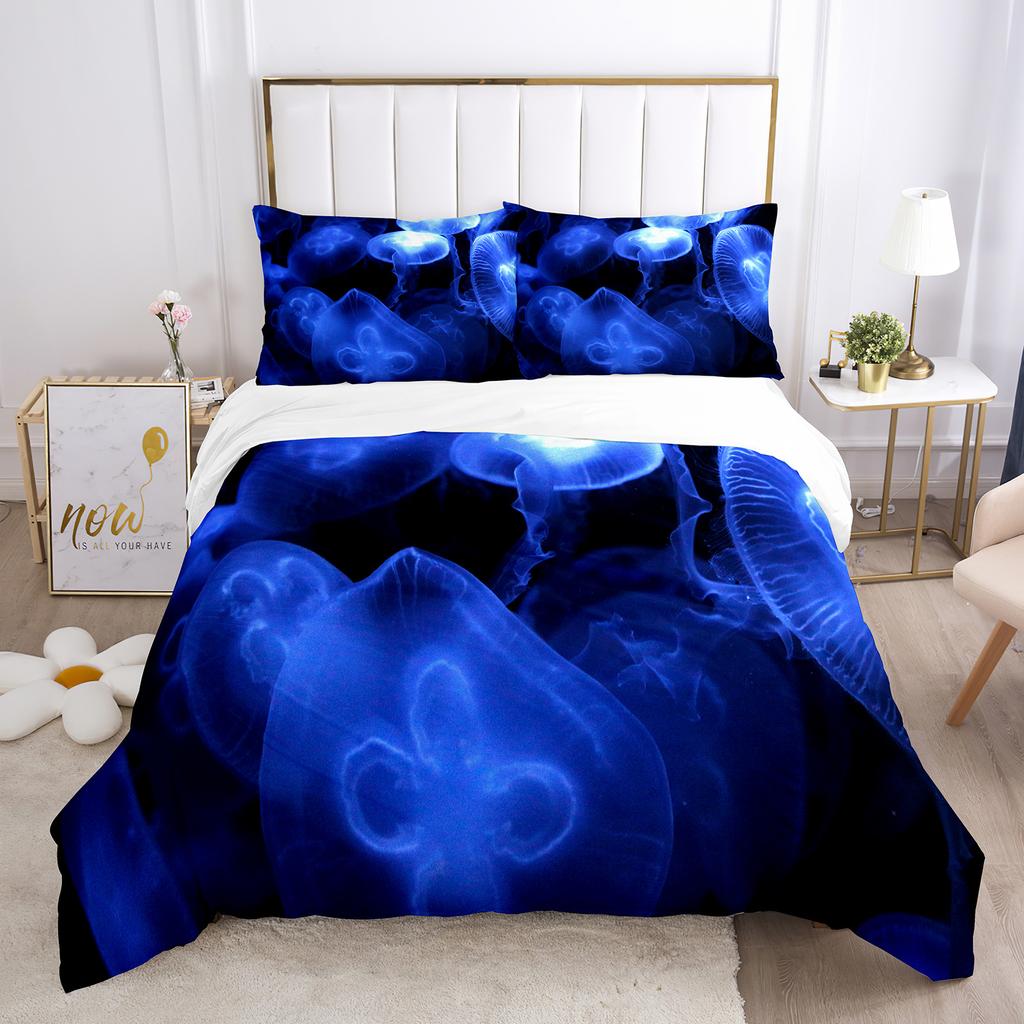 Jellyfish Duvet Cover Set Blue Sea Wild Animals Theme King Queen Size for Kids Teens Adult Polyester Bedding Set with Pillowcase