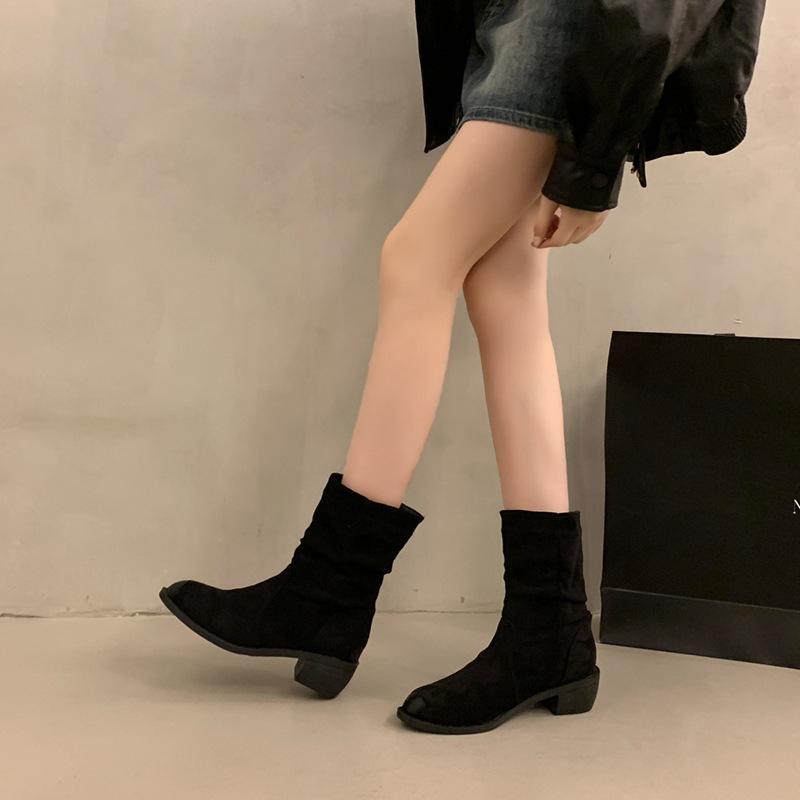 Vintage Western Cowboy Boots Short Skinny Pleated Pile Boots Women's Pointed Thick Heel Short Boots