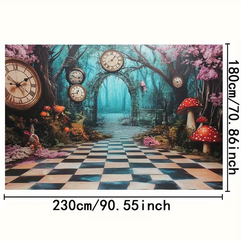 2D Alice in Wonderland Backdrop, Magical Forest Clock & Mushroom Background for Party