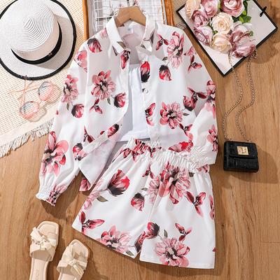 Mädchen Freizeitanzug 2025 Frühling/Sommer Kindermode Druck Sonnenschutz Langarm Oberteil und Shorts Anzug