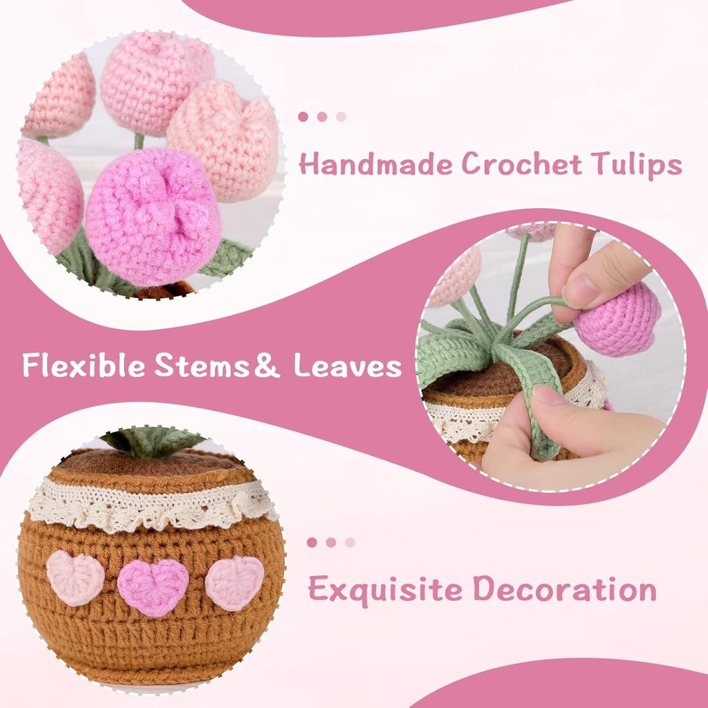 Handmade Potted Crochet Tulip Bouquet, Blush Pink Crocheted Tulips Hand Woven Flowers Knitted Flowers in Exquisite Pot Gift for Women Friends Kids