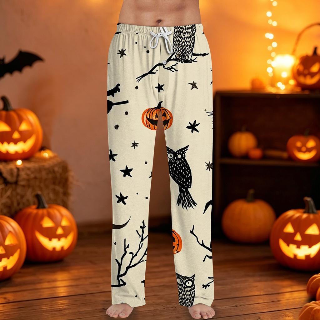 Men's Halloween Print Drawstring Lounge Pants Casual Sleepwear Bottoms with Elastic Waistband and Relaxed Fit for Indoor and Outdoor Use