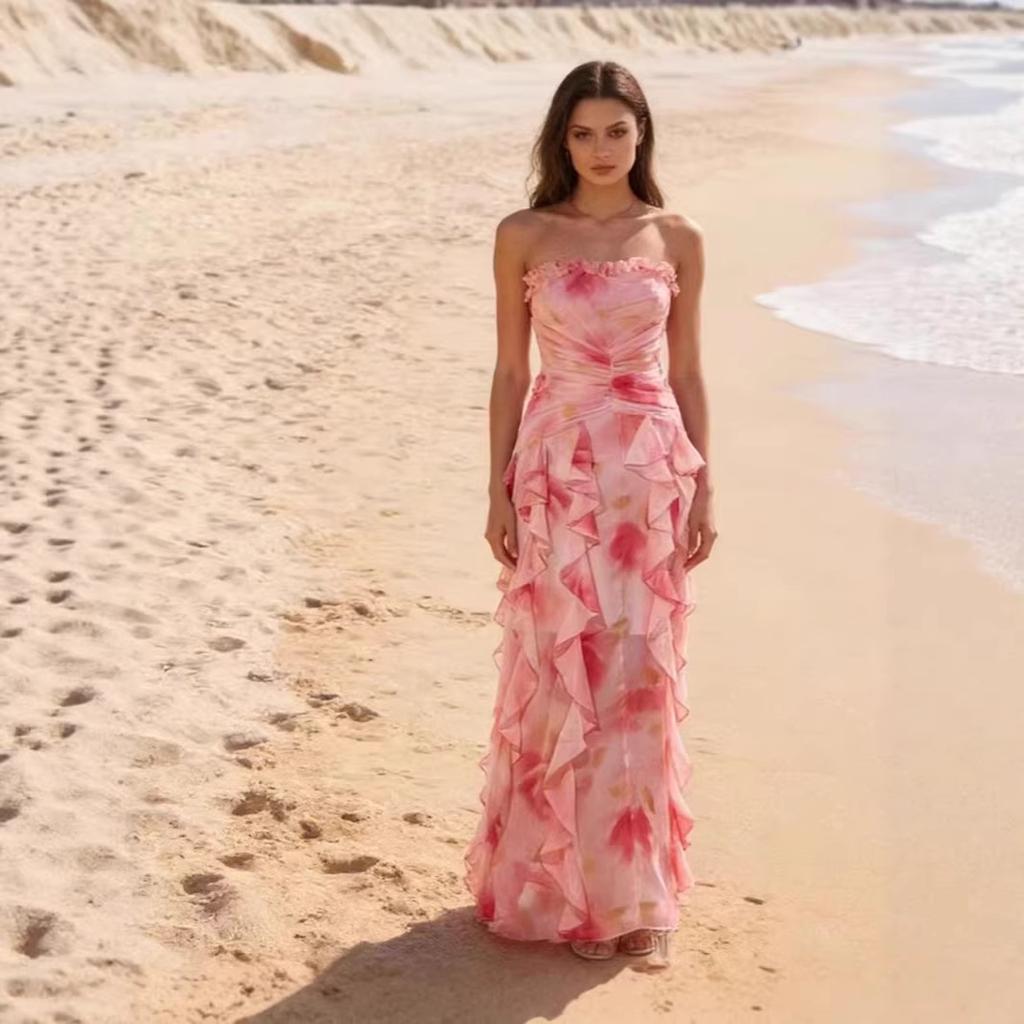 Nuovo abito da sera da donna europeo e americano con spalle scoperte, moda, chiffon stampato, stile fata, lungo, elegante