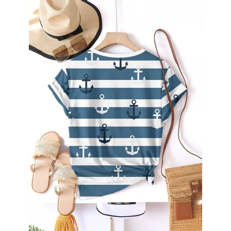 Stripe Graphic 3D T Shirt Women Summer V-Neck Short Sleeve Tops Holiday Casual Tees Woman Streetwear Oversized T-shirt