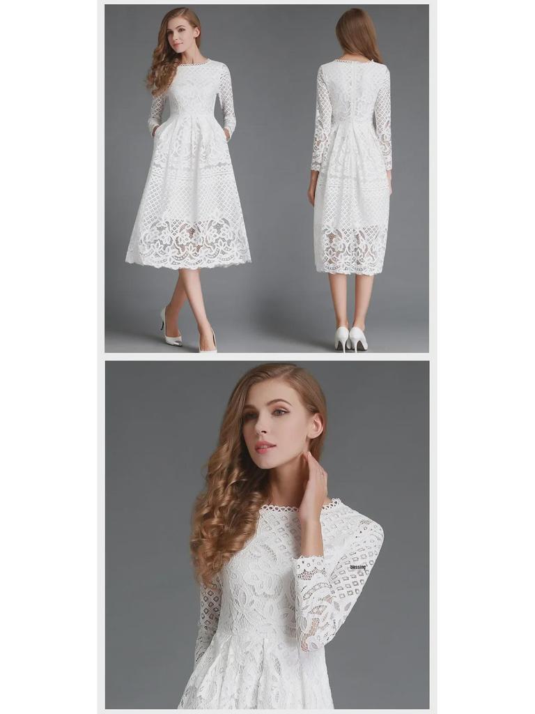 2025 Fall European & American Women's Lace Slim Midi Dress with Hollow Round Neck & Long Sleeves