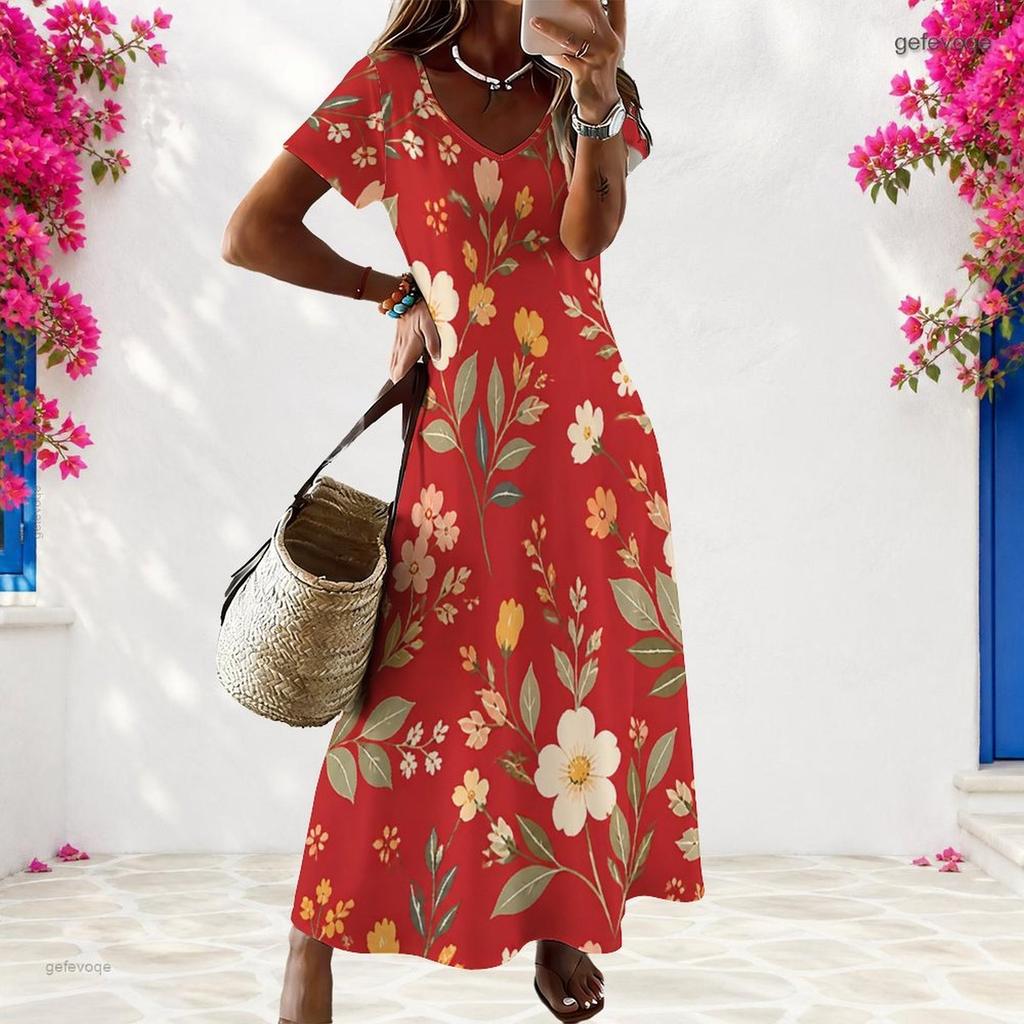 Women Plus Size V Neck Short Sleeve Red Floral Printed Long Straight Dress