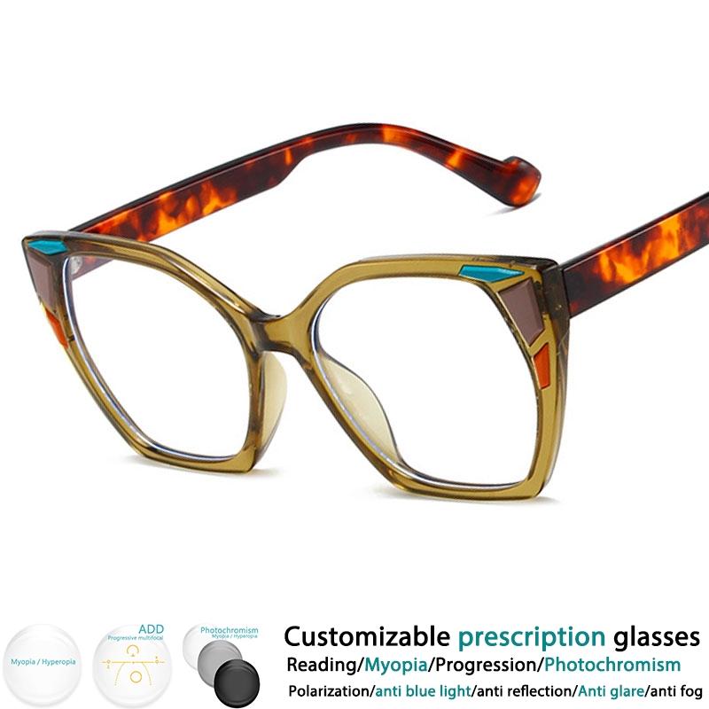 Oversized Square Reading Glasses Color-blocked Cat Eye Resin Optical Presbyopic Eyegalss Custom Diopter+50~+600 #302712